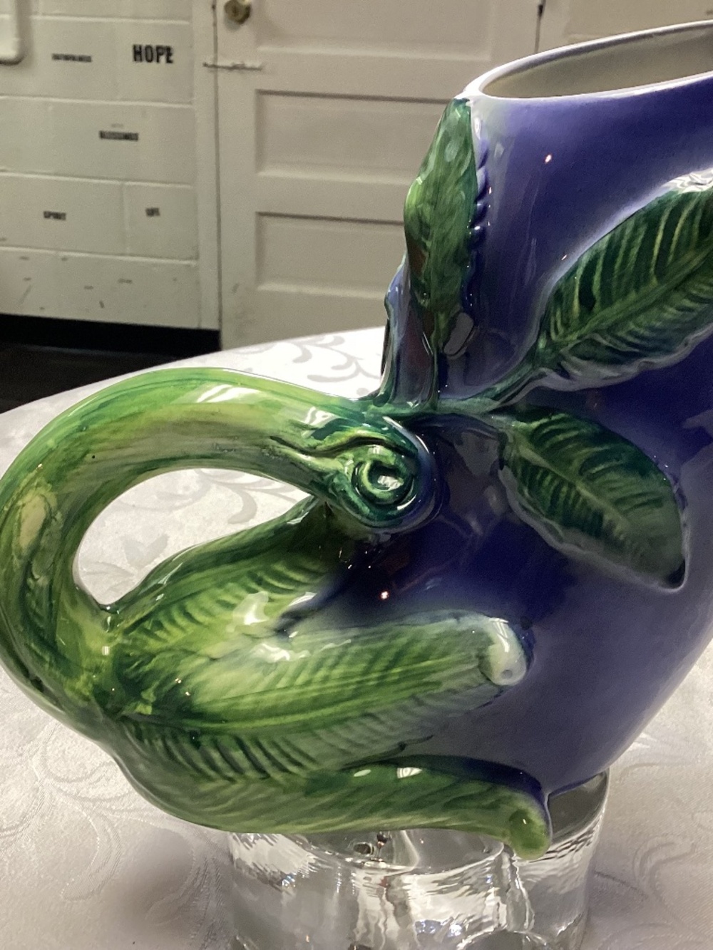 Eggplant pitcher majolica style. Fabulous item